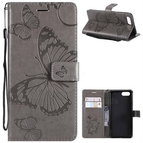 Embossing 3D Butterfly Leather Wallet Case for Huawei Honor View 10 (V10) - Gray