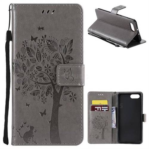 Embossing Butterfly Tree Leather Wallet Case for Huawei Honor View 10 (V10) - Grey