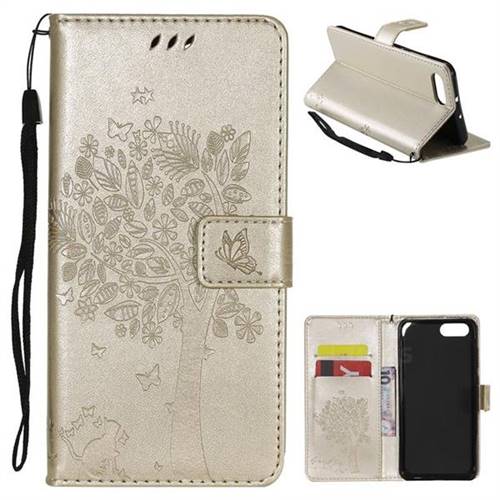 Embossing Butterfly Tree Leather Wallet Case for Huawei Honor View 10 (V10) - Champagne
