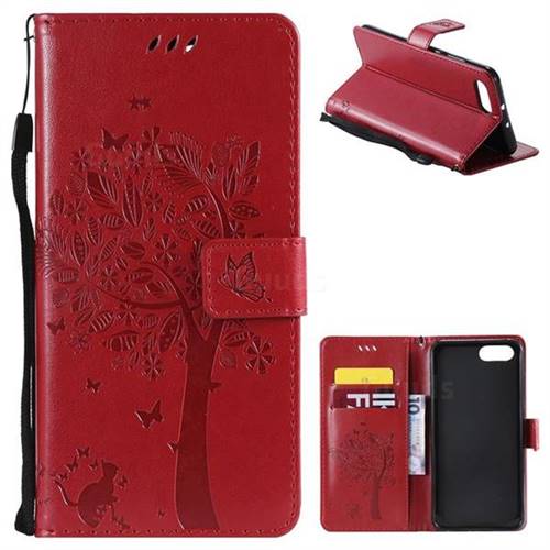 Embossing Butterfly Tree Leather Wallet Case for Huawei Honor View 10 (V10) - Red