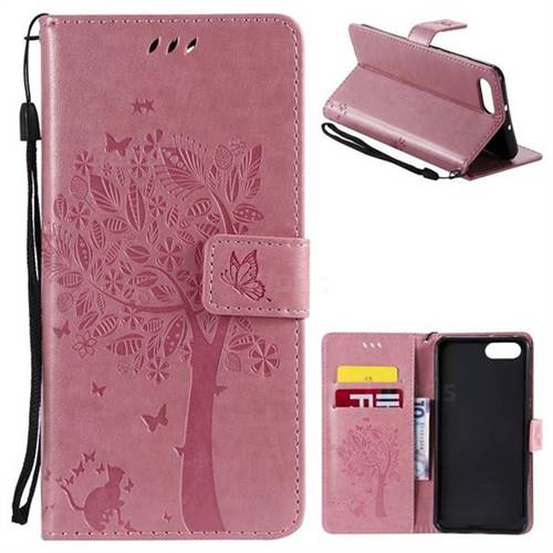 Embossing Butterfly Tree Leather Wallet Case for Huawei Honor View 10 (V10) - Pink