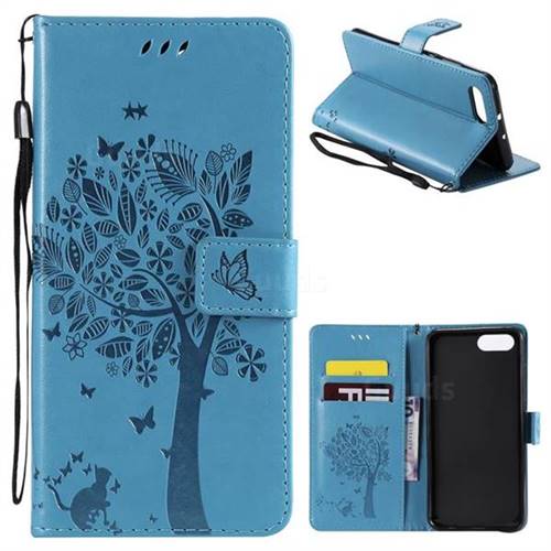 Embossing Butterfly Tree Leather Wallet Case for Huawei Honor View 10 (V10) - Blue