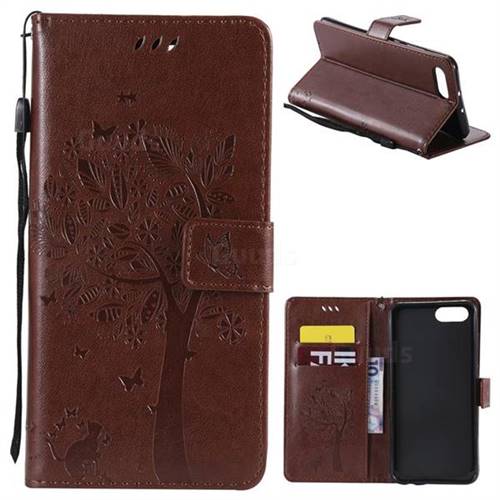 Embossing Butterfly Tree Leather Wallet Case for Huawei Honor View 10 (V10) - Brown