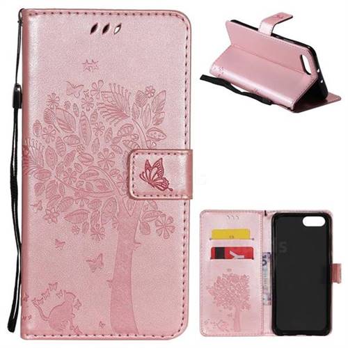 Embossing Butterfly Tree Leather Wallet Case for Huawei Honor View 10 (V10) - Rose Pink