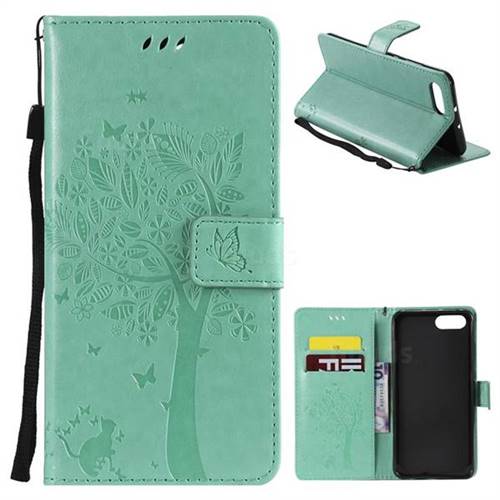 Embossing Butterfly Tree Leather Wallet Case for Huawei Honor View 10 (V10) - Cyan