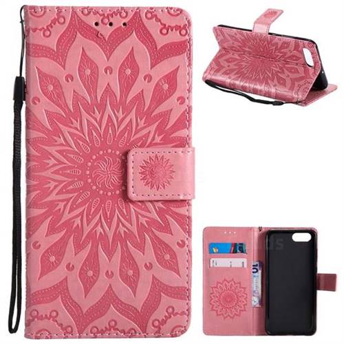 Embossing Sunflower Leather Wallet Case for Huawei Honor View 10 (V10) - Pink