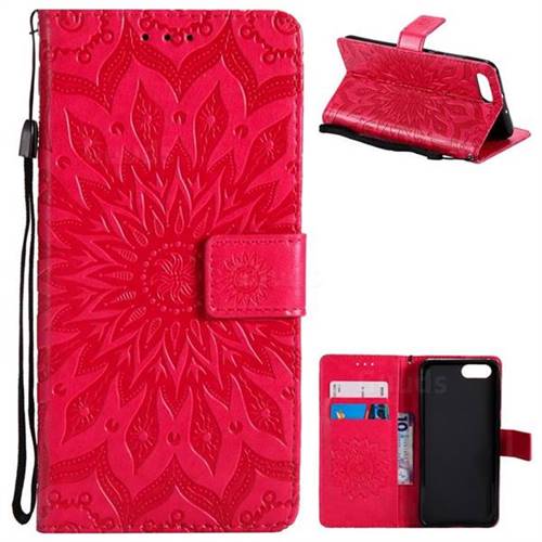Embossing Sunflower Leather Wallet Case for Huawei Honor View 10 (V10) - Red