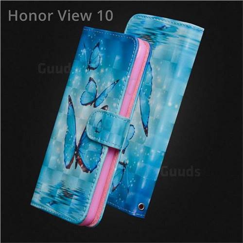 Blue Sea Butterflies 3D Painted Leather Wallet Case for Huawei Honor View 10 (V10)