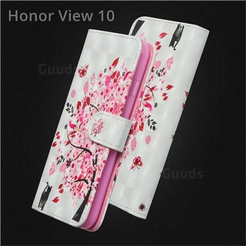 Tree and Cat 3D Painted Leather Wallet Case for Huawei Honor View 10 (V10)