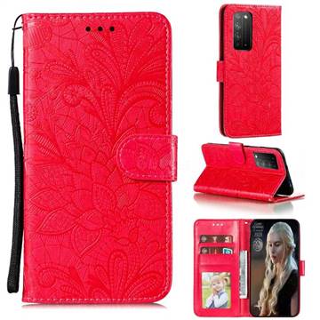 Intricate Embossing Lace Jasmine Flower Leather Wallet Case for Huawei Honor X10 5G - Red