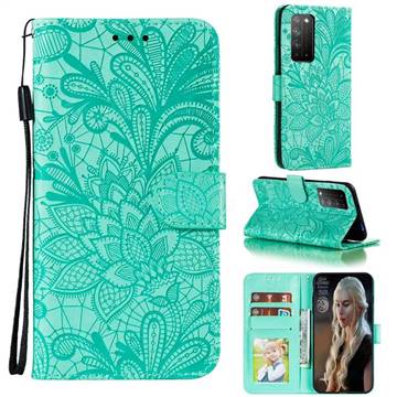 Intricate Embossing Lace Jasmine Flower Leather Wallet Case for Huawei Honor X10 5G - Green