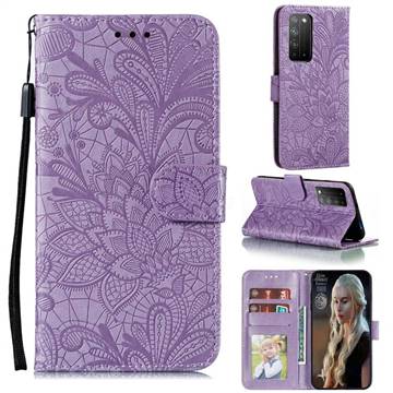 Intricate Embossing Lace Jasmine Flower Leather Wallet Case for Huawei Honor X10 5G - Purple