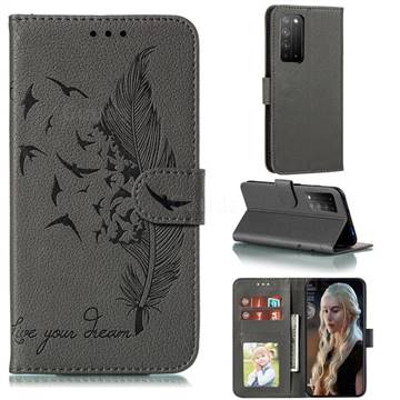 Intricate Embossing Lychee Feather Bird Leather Wallet Case for Huawei Honor X10 5G - Gray