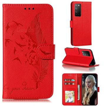 Intricate Embossing Lychee Feather Bird Leather Wallet Case for Huawei Honor X10 5G - Red