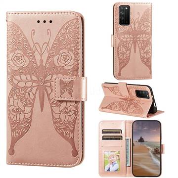 Intricate Embossing Rose Flower Butterfly Leather Wallet Case for Huawei Honor X10 5G - Rose Gold