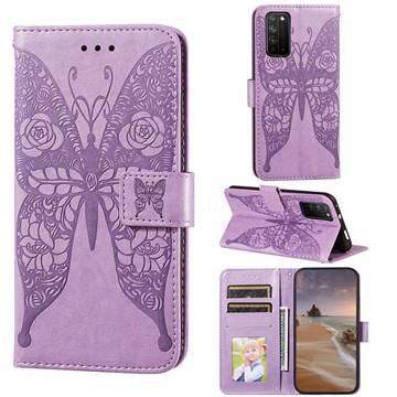 Intricate Embossing Rose Flower Butterfly Leather Wallet Case for Huawei Honor X10 5G - Purple