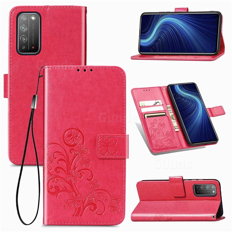 Embossing Imprint Four-Leaf Clover Leather Wallet Case for Huawei Honor X10 5G - Rose Red