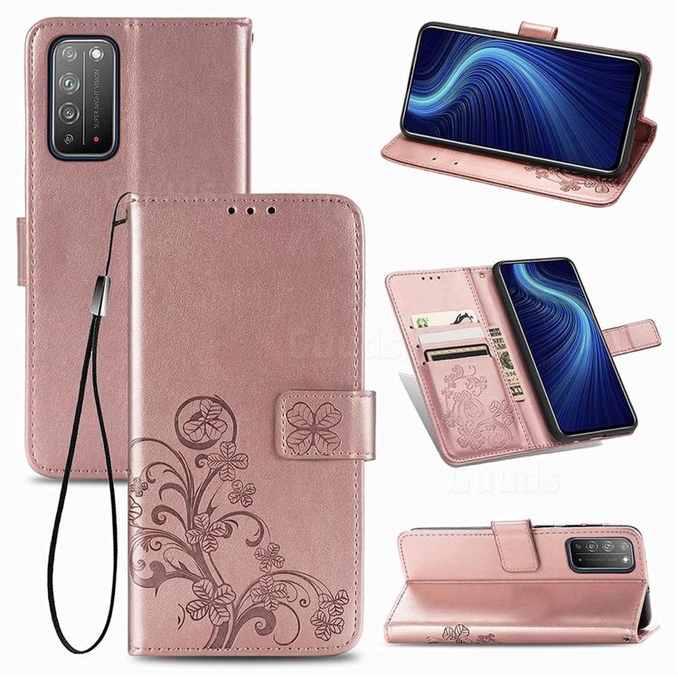 Embossing Imprint Four-Leaf Clover Leather Wallet Case for Huawei Honor X10 5G - Rose Gold