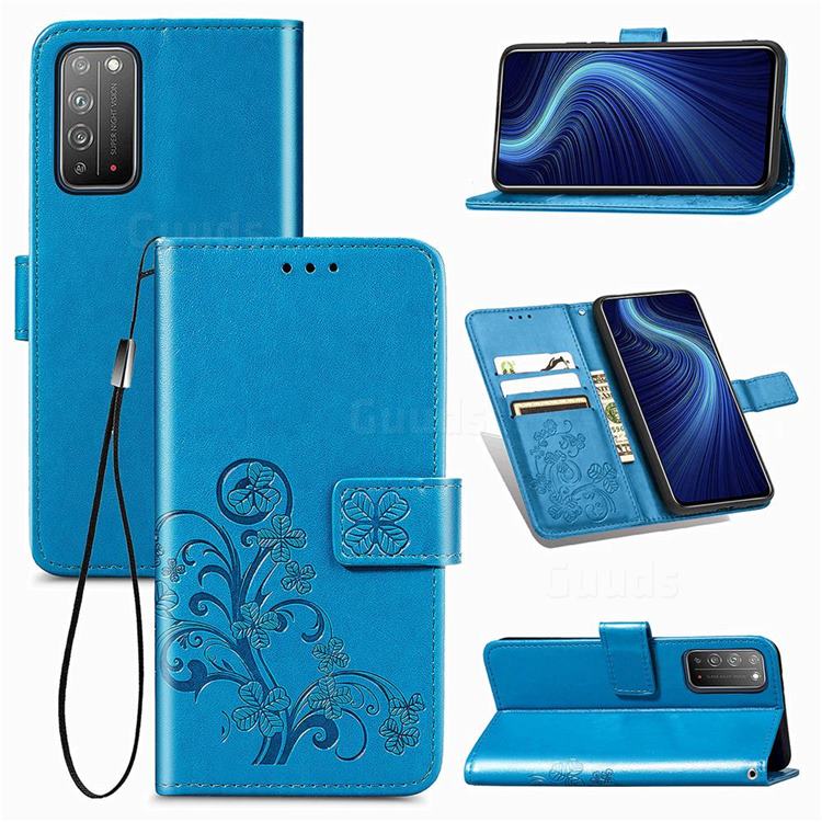 Embossing Imprint Four-Leaf Clover Leather Wallet Case for Huawei Honor X10 5G - Blue
