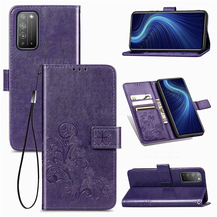 Embossing Imprint Four-Leaf Clover Leather Wallet Case for Huawei Honor X10 5G - Purple