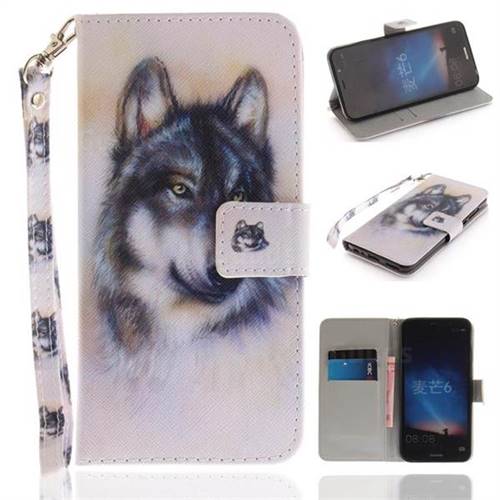 Snow Wolf Hand Strap Leather Wallet Case for Huawei Mate 10 Lite / Nova 2i / Horor 9i / G10