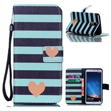 Blue Stripe Heart Leather Wallet Phone Case for Huawei Mate 10 Lite / Nova 2i / Horor 9i / G10