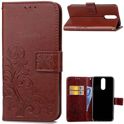 Embossing Imprint Four-Leaf Clover Leather Wallet Case for Huawei Mate 10 Lite / Nova 2i / Horor 9i / G10 - Brown