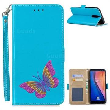 Imprint Embossing Butterfly Leather Wallet Case for Huawei Mate 10 Lite / Nova 2i / Horor 9i / G10 - Sky Blue