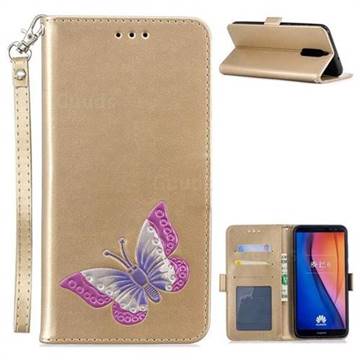 Imprint Embossing Butterfly Leather Wallet Case for Huawei Mate 10 Lite / Nova 2i / Horor 9i / G10 - Golden
