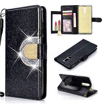 Glitter Diamond Buckle Splice Mirror Leather Wallet Phone Case for Huawei Mate 10 Lite / Nova 2i / Horor 9i / G10 - Black