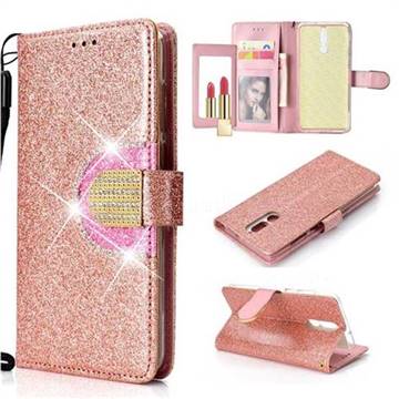 Glitter Diamond Buckle Splice Mirror Leather Wallet Phone Case for Huawei Mate 10 Lite / Nova 2i / Horor 9i / G10 - Rose Gold