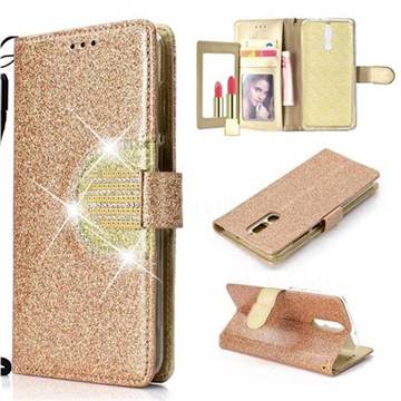 Glitter Diamond Buckle Splice Mirror Leather Wallet Phone Case for Huawei Mate 10 Lite / Nova 2i / Horor 9i / G10 - Golden