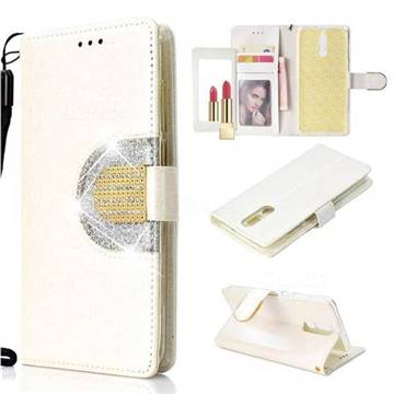 Glitter Diamond Buckle Splice Mirror Leather Wallet Phone Case for Huawei Mate 10 Lite / Nova 2i / Horor 9i / G10 - White