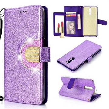 Glitter Diamond Buckle Splice Mirror Leather Wallet Phone Case for Huawei Mate 10 Lite / Nova 2i / Horor 9i / G10 - Purple