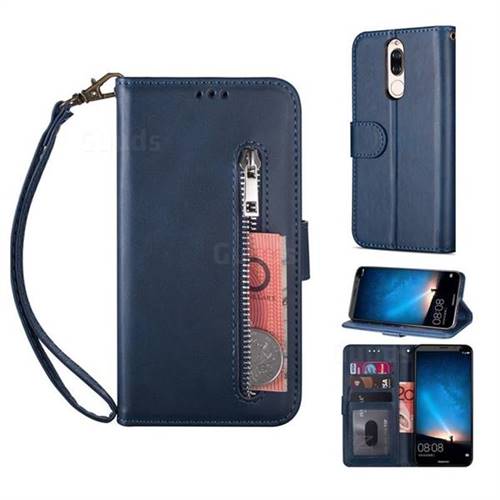 Retro Calfskin Zipper Leather Wallet Case Cover for Huawei Mate 10 Lite / Nova 2i / Horor 9i / G10 - Blue