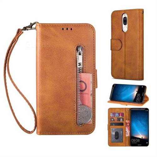 Retro Calfskin Zipper Leather Wallet Case Cover for Huawei Mate 10 Lite / Nova 2i / Horor 9i / G10 - Brown