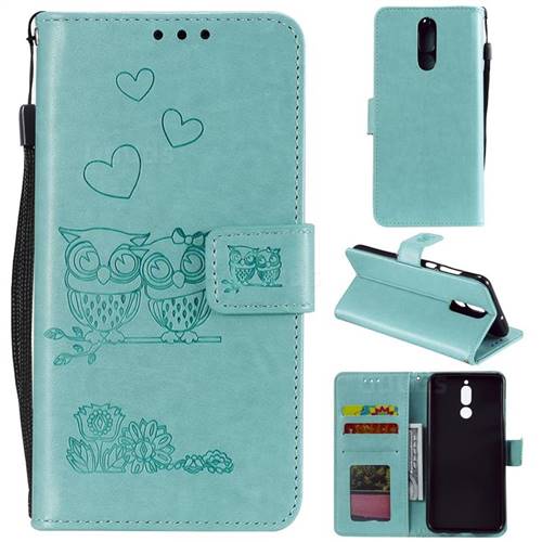 Embossing Owl Couple Flower Leather Wallet Case for Huawei Mate 10 Lite / Nova 2i / Horor 9i / G10 - Green