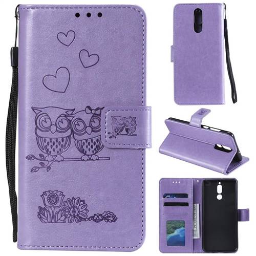 Embossing Owl Couple Flower Leather Wallet Case for Huawei Mate 10 Lite / Nova 2i / Horor 9i / G10 - Purple