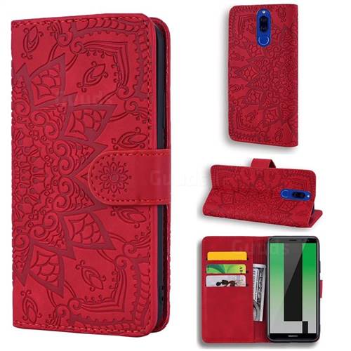 Retro Embossing Mandala Flower Leather Wallet Case for Huawei Mate 10 Lite / Nova 2i / Horor 9i / G10 - Red