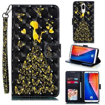 Golden Butterfly Girl 3D Painted Leather Phone Wallet Case for Huawei Mate 10 Lite / Nova 2i / Horor 9i / G10