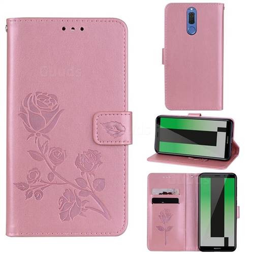 Embossing Rose Flower Leather Wallet Case for Huawei Mate 10 Lite / Nova 2i / Horor 9i / G10 - Rose Gold
