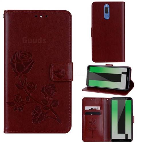 Embossing Rose Flower Leather Wallet Case for Huawei Mate 10 Lite / Nova 2i / Horor 9i / G10 - Brown