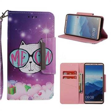 Glasses Cat Big Metal Buckle PU Leather Wallet Phone Case for Huawei Mate 10 Pro(6.0 inch)
