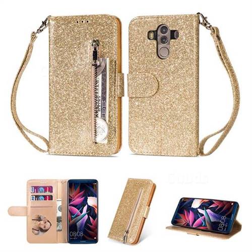 Glitter Shine Leather Zipper Wallet Phone Case for Huawei Mate 10 Pro(6.0 inch) - Gold