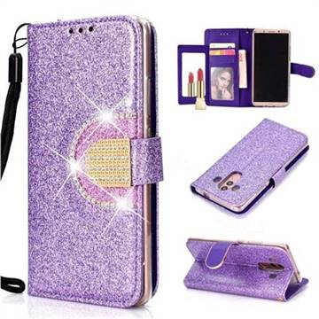 Glitter Diamond Buckle Splice Mirror Leather Wallet Phone Case for Huawei Mate 10 Pro(6.0 inch) - Purple