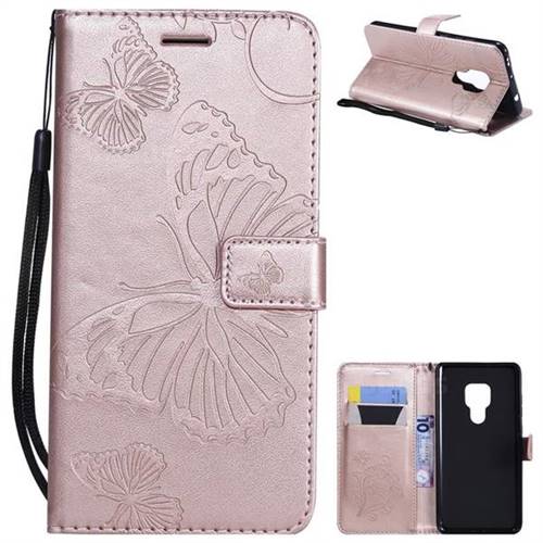 Embossing 3D Butterfly Leather Wallet Case for Huawei Mate 20 - Rose Gold