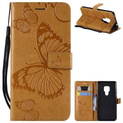 Embossing 3D Butterfly Leather Wallet Case for Huawei Mate 20 - Yellow