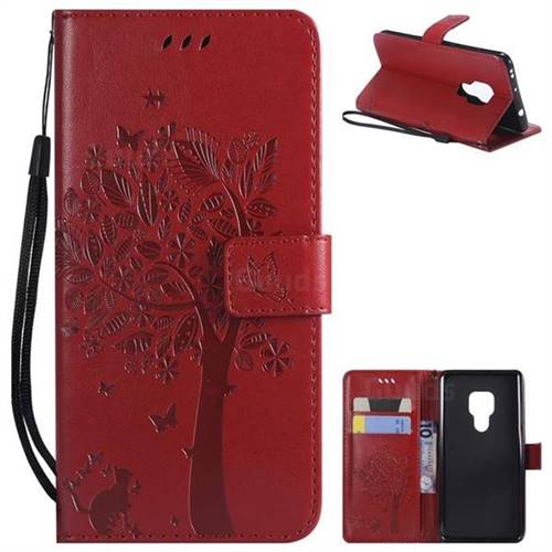 Embossing Butterfly Tree Leather Wallet Case for Huawei Mate 20 - Red