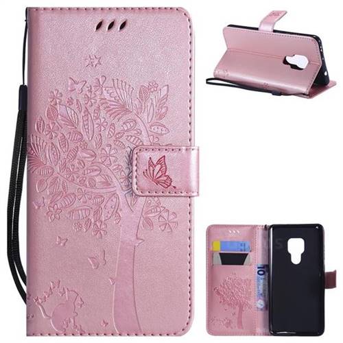 Embossing Butterfly Tree Leather Wallet Case for Huawei Mate 20 - Rose Pink
