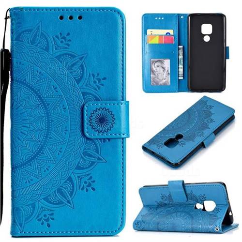 Intricate Embossing Datura Leather Wallet Case for Huawei Mate 20 - Blue